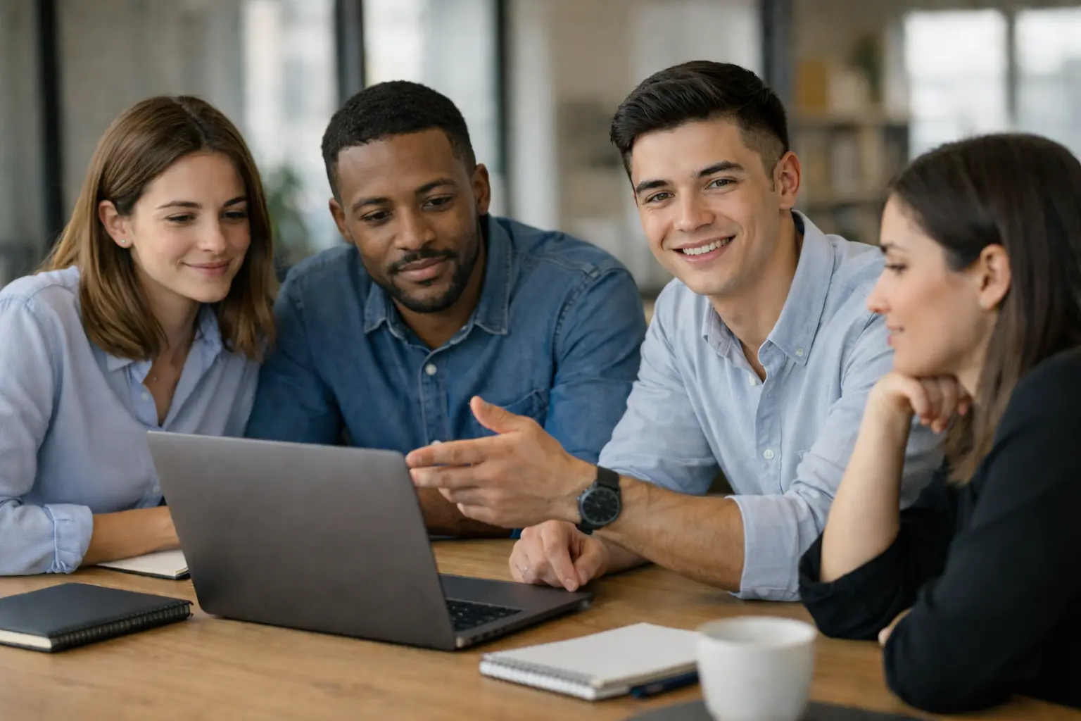 A small team of professionals working together in a modern office, sitting around a desk with laptops, discussing something on the screen